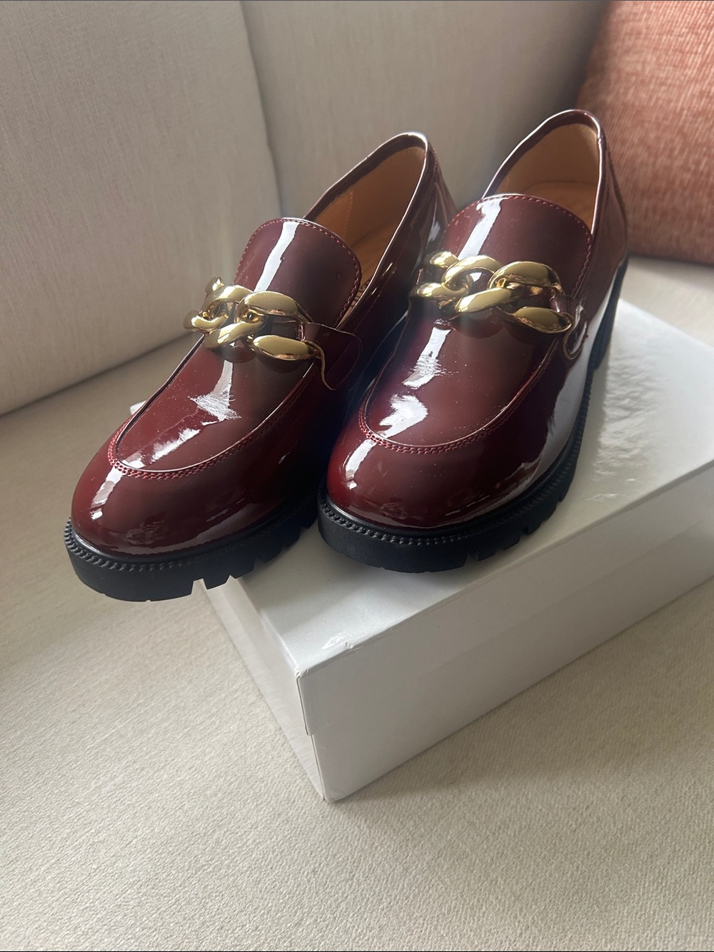 Women’s Patent Burgundy Loafers with Gold Chain Accent